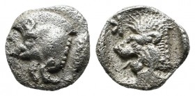 Mysia, Kyzikos. Circa 480 BC. AR Obol (9mm, 0.76g). Forepart of boar left with tall mane and dotted end point, E (retrograde) on shoulder; to right, t...