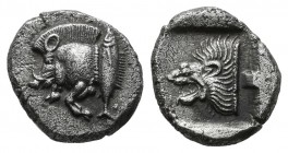 Mysia, Kyzikos. Circa 480 BC. AR Trihemiobol (10mm, 1.39g). Forepart of boar left with tall mane and dotted truncation, to right, tunny upward / Head ...