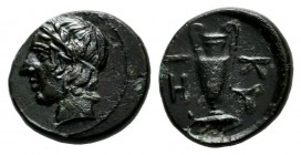 Mysia, Kyzikos. Circa 4th century BC. AE (10mm, 0.96g). Laureate head of Apollo left within circular border. / KY - Z (like H) I. Amphora; below, tunn...