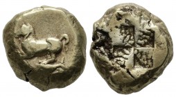 Mysia, Kyzikos. Circa 500-400 BC. EL Stater (19mm, 16.03g). Horse prancing left, trailing rein; below, tunny left / Quadripartite incuse square. Von F...
