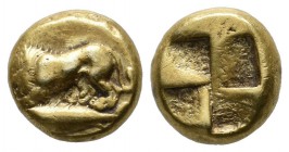 Mysia, Kyzikos. Circa 500-450 BC. EL Hekte (9mm, 2.67g). Lion at bay left, head forward, standing on tunny left / Quadripartite incuse square. Hurter ...