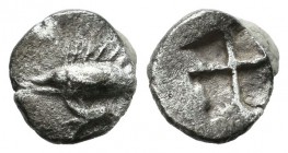Mysia, Kyzikos. Circa 520-480 BC. AR Hemiobol (7mm, 0.39g). Tunny fish left; lotus flower below / Quadripartite incuse square. Rosen 520; cf. Klein 26...