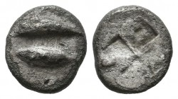 Mysia, Kyzikos. Circa 520-480 BC. AR Obol (8mm, 0.92g). Dolphin left above tunny / Quadripartite incuse square. Von Fritze, Nomisma IX -; SNG France -...