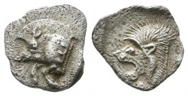 Mysia, Kyzikos. Circa 525-475 BC. AR Obol (11mm, 0.74g). Forepart of boar left, E (retrograde) on shoulder, tunny behind. / Head of lion left within i...