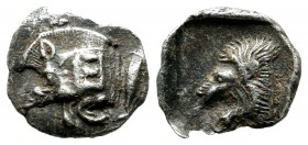 Mysia, Kyzikos. Circa 525-475 BC. AR Obol (11mm, 0.81g). Forepart of boar left, E (retrograde) on shoulder, tunny behind. / Head of lion left within i...