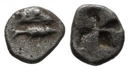 Mysia, Kyzikos. Circa 530-500 BC. AR Hemiobol (7mm, 0.44g). Head of tunny right; below, tunny right / Quadripartite incuse square.