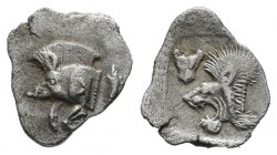 Mysia, Kyzikos. Circa 550-500 BC. AR Hemiobol (11mm, 0.34g). Forepart of boar left; tunny behind / Head of lion left; lion’s head facing above left; a...