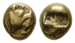 Mysia, Kyzikos. Circa 550-500 BC. EL Hemihekte (6mm, 1.32g). Head of boar right, holding in its mouth a tunny upward / Quadripartite incuse square. Vo...