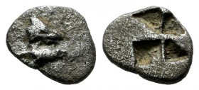 Mysia, Kyzikos. Circa 550-530 BC. AR Hemiobol (7mm, 0.42g). Head of tunny right; below, tunny right / Quadripartite incuse square. CNG Elec. Auc. 278 ...