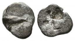Mysia, Kyzikos. Circa 600-550 BC. AR Obol (10mm, 0.56g). Tunny fish left / Quadripartite incuse square. Von Fritze II 5; SNG von Aulock 7328.