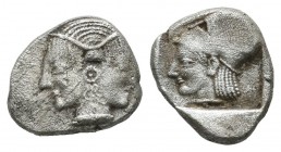 Mysia, Lampsakos. Circa 500-490 BC. AR Diobol (10mm, 1.04g). Female janiform head, wearing taenia, earring and necklace / Head of Athena left, Corinth...