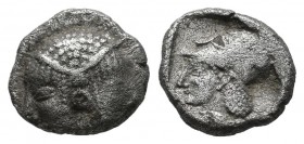 Mysia, Lampsakos. Circa 500-490 BC. AR Diobol (9mm, 1.10g). Female janiform head, wearing taenia, earring and necklace / Head of Athena left, Corinthi...