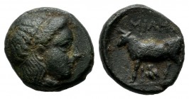 Mysia, Miletopolis. Circa 400-300 BC. AE (12mm, 1.93g). Laureate head of Apollo right / Bull advancing left, owl below. SNG Cop 246; BMC 3; SNG von Au...