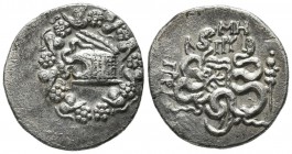 Mysia, Pergamon. Circa 166-67 BC. AR Cistophoric Tetradrachm (26mm, 12.11g). Struck circa 104-98 BC. Cista mystica with serpent; all within ivy wreath...