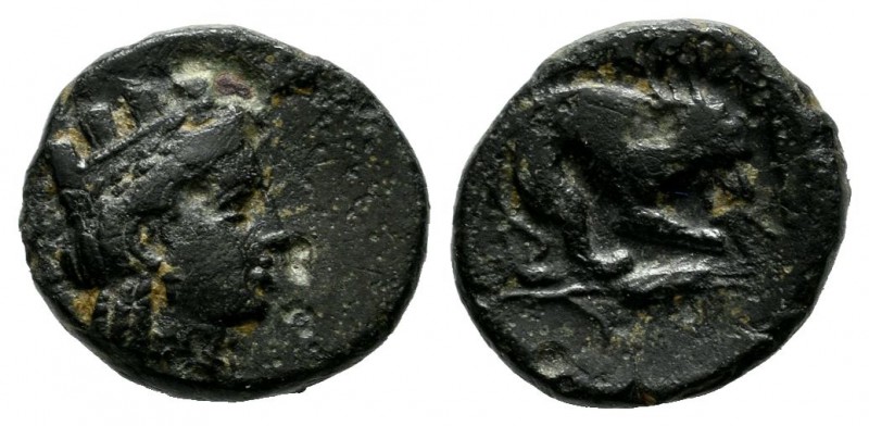 Mysia, Plakia. Circa 400 BC. AE (10mm, 1.35g). Turreted head of Kybele right. / ...