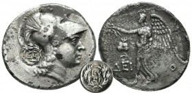 Pamphylia, Side. Circa 205-100 BC. AR Tetradrachm (30mm, 15.78g). Deino-, magistrate. Helmeted head of Athena right; c/m to left: KY - ΞI; all within ...