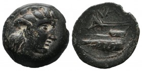 Phoenicia, Arados. Circa 242/1-167/6 BC. AE (16mm, 3.71g). Turreted head of Tyche right / Athena standing left in fighting stance on prow of galley le...