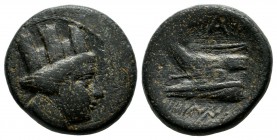Phoenicia, Arados. Late 3rd century BC. AE (18mm, 5.33g). Turreted head of Tyche right / Monogram above prow left, Phoenician date below. Sear 5999.
