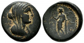 Phoenicia, Marathos. Circa 221-151 BC. AE (25mm, 11.25g). Veiled, female bust right (Berenice II?). / Marathos standing left, resting elbow on column,...