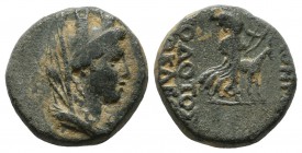 Phrygia, Akmoneia. Circa 100-0 BC. ΤΙΜΟΘΕΟΣ ΜΕΝΕΛΑΟΥ (Timotheos, son of Menelaos), magistrate. AE (15mm, 3.98g). Turreted and draped bust of Tyche rig...