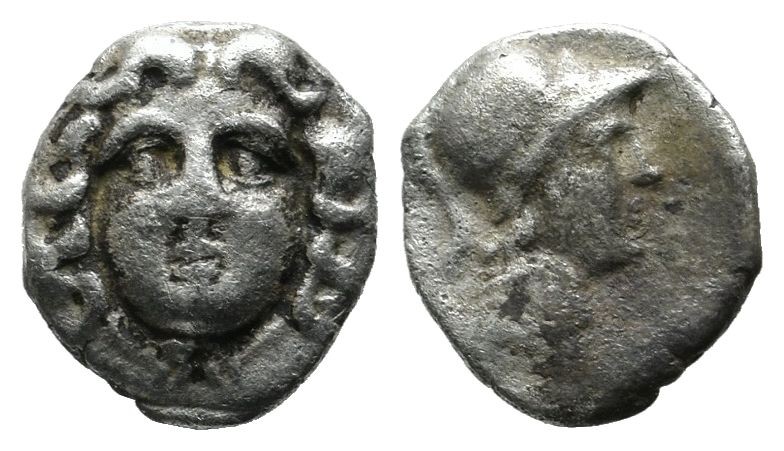 Pisidia, Selge. Circa 350-300 BC. AR Obol (10mm, 0.66g). Gorgoneion / Helmeted h...