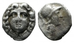 Pisidia, Selge. Circa 350-300 BC. AR Obol (10mm, 0.66g). Gorgoneion / Helmeted head of Athena right; astragalos behind, X below. SNG France 1934.