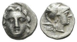 Pisidia, Selge. Circa 350-300 BC. AR Obol (10mm, 0.86g). Gorgoneion / Helmeted head of Athena right; astragalos behind, X below. SNG France 1934.