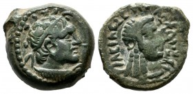 Ptolemaic Kingdom. Ptolemy IX Soter II (Lathyros), 115-104/1 BC. AE (16mm, 3.70g). Kyrene mint. Diademed bust of Ptolemy I right, wearing aegis / ΠΤΟΛ...