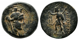 Seleucis and Pieria, Apameia. Circa 150-49 BC. AE (15mm, 3.56g). Turreted and veiled bust of Tyche right / ΑΠΑΜΕΩΝ, Alexander(?) advancing left, head ...