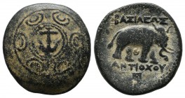 Seleukid Kingdom. Antiochos I Soter 281-261 BC. AE (19mm, 6.25g). Macedonian shield with Seleukid anchor in central boss. / BAΣΙΛΕΩΣ ANTIOXOY. Horned ...