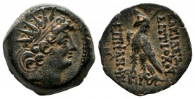 Seleukid Kingdom. Antiochos VIII Epiphanes Grypos, 121-97 BC. AE (18mm, 5.95g). Radiate head right / Eagle standing left, scepter over shoulder, IE to...
