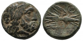 Seleukid Kingdom. Seleucus I Nicator, 312-281 BC. AE (18mm, 7.83g). Seleucis and Pieria. Laureate head of Zeus right. / ΣΕΛΕΥΚΕΩΝ. Winged thunderbolt;...