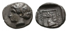 Troas, Assos. Circa 400 BC. AR Hemiobol (7mm, 0.29g). Female head left / Head of griffin left within linear square border; all within incuse square. N...