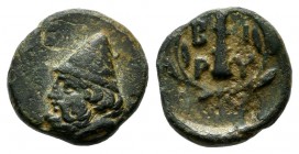 Troas, Birytis. Circa 300 BC. AE (10mm, 1.06g). Head of Kabeiros left wearing pilos. / Club between BIPY in wreath (S. 4058).