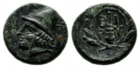 Troas, Birytis. Circa 300 BC. AE (11mm, 1.35g). Head of Kabeiros left wearing pilos. / Club between BIPY in wreath (S. 4058).