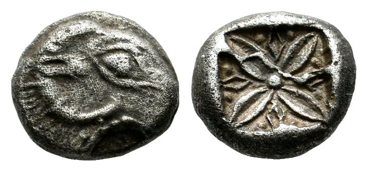 Troas, Kebren. 5th century BC. AR Obol (7mm, 0.89g). Head of ram right / Stellat...