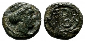 Troas, Zeleia. Circa 4th century BC. AE (10mm, 1.07g). Head of Artemis right, wearing stephane / Monogram (or torque) within wreath of grain ears. SNG...