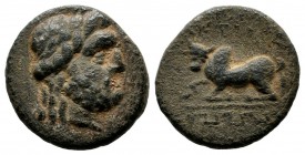 Caria, Antioch ad Maeandrum. Civic issue, 168-100 BC. AE (16mm, 3.67g). Laureate head of Zeus right / ANTIOXEΩN above humped bull recumbent left on Ma...