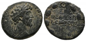Cyrrhestica, Hieropolis. Marcus Aurelius, AD. 161-180. AE (20mm, 8.49g). Laureate head of Marcus Aurelius right / ΘЄAC CYPI / AC IЄPOΠO / A, ethnic in...