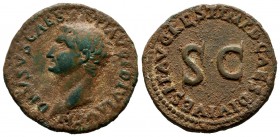 Drusus (Died AD 23). AE As (25mm, 8.96g). Rome. Restoration issue struck under Titus (AD 80). DRVSVS CAESAR TI AVG F DIVI AVG N. Bare head left. IMP T...