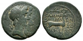 Ionia, Ephesus. Augustus, with Julia Augusta (Livia). 27 BC-AD 14. AE Chalkous (19mm, 5.89g). Memnon, grammateus; Nikolaos, magistrate. Conjoined laur...
