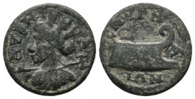 Ionia, Smyrna. Pseudo-autonomous issue. 3rd century AD. AE (18mm, 3.13g). Draped bust of the Amazon Smyrna left, wearing mural crown, holding labrys o...