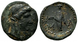 Lycian League, Masicytes. Circa 100 BC. AE (21mm, 5.64g). Λ - Υ. Laureate head of Apollo right / M - A. Apollo Patroös standing left, holding branch a...