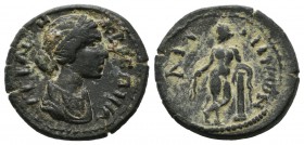 Lydia, Saitta. Crispina (Augusta) AD.178-182. AE (18mm, 3.06g). KPICΠINA CEBACTH, draped bust right. / CAITTHNΩN, Apollo standing left, holding branch...
