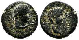 Lydia, Sardis. Nero (54-68). AE (15mm, 3.47g). Mindios, strategos for the second time. EΠΙ MINΔIOY CAPΔIANΩN. Laureate head of Hercules right, with li...