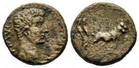 Macedon, Uncertain (Philippi?). Tiberius, AD.14-37. AE (16mm, 3.72g). TI AVG. Bare head right / Two pontiffs driving yoke of oxen right, plowing pomer...