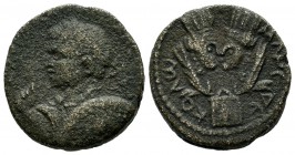 Mesopotamia, Edessa. Elagabalus, AD.218-222. AE (20mm, 8.44g). Laureate, draped, and cuirassed bust left, holding shield and eagle-tipped scepter over...
