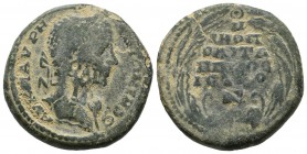 Moesia Inferior, Nicopolis ad Istrum. Elagabal, AD.218-222. AE (25mm, 11.73g). AV K M AVPH ANTONINOC. Laureate bust right, slight drapery on far shoul...