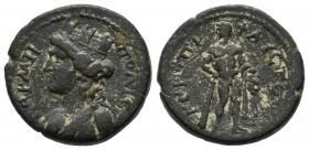 Mysia, Germe. Semi-autonomous, AD.136-160. AE (19mm, 5.78g). ΓEΡMH ΠOΛIC, turreted and draped bust of Tyche left / EΠI ΦAYCTOY ΓEΡ, Herakles standing ...