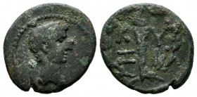 Mysia, Kyzikos. Augustus, 27 BC-14 AD. AE (18mm, 2.95g). Bare male head right. // K-Y/Z-I, torch, all within laurel wreath. RPC I 2244; SNG France 621...